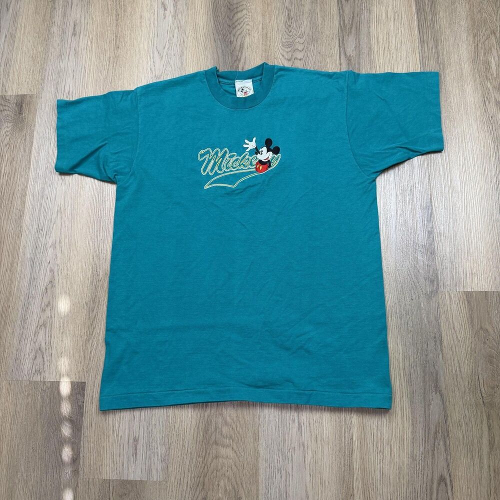 Vintage Shirt Mens XL Green Mickey Mouse Embroidered Mickey Graphic Tee 90s